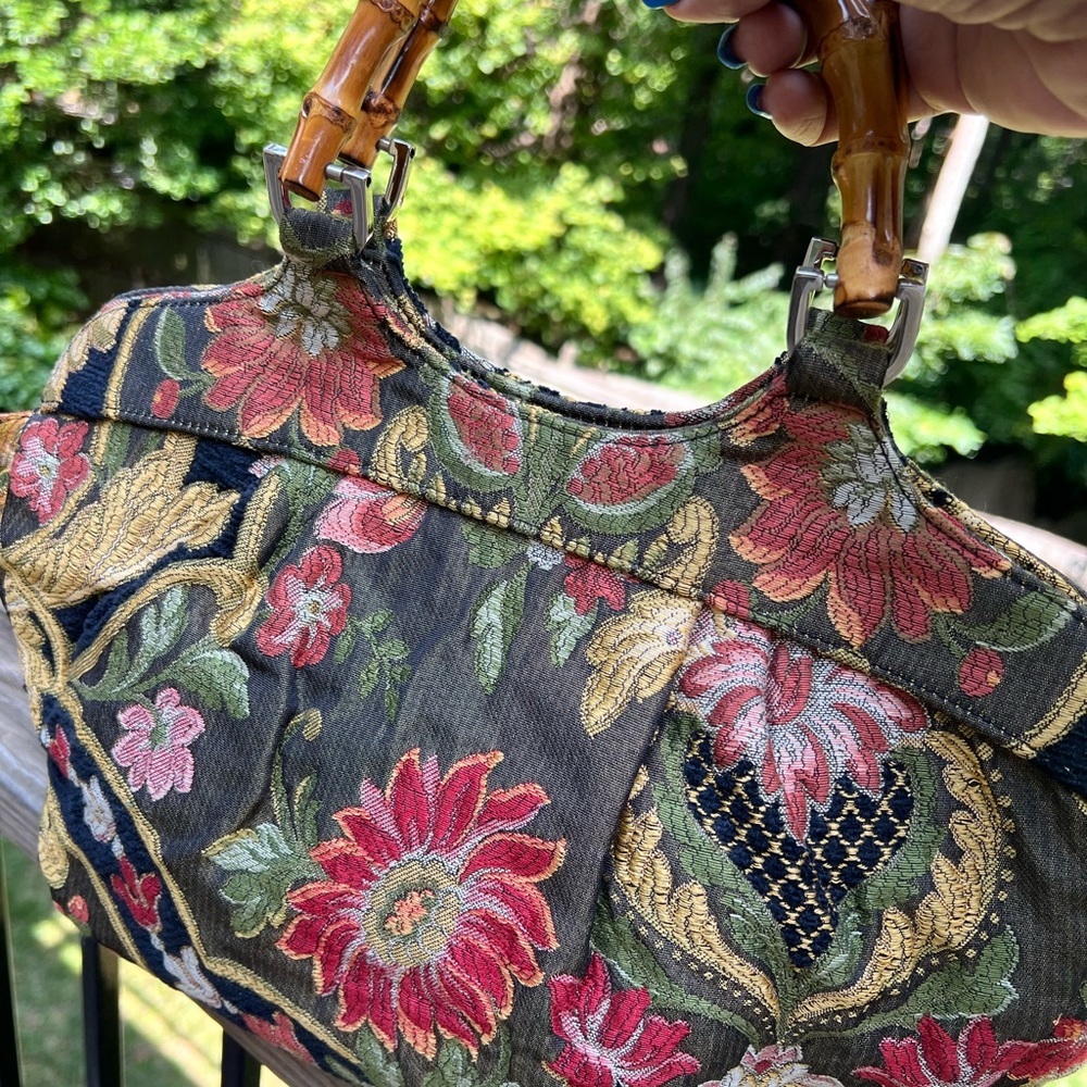 Vtg 90s Talbots Tapestry Handbag Bamboo Handles - Picture 2 of 6